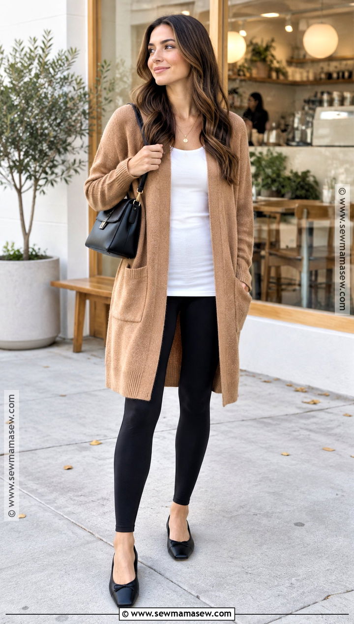Long Cardigan With Leggings And Ballet Flats - 15 casual autumn outfits leggings