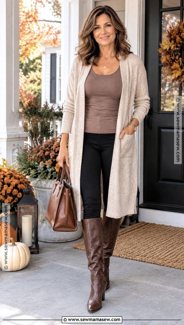 Long Cardigan With Leggings And Tall Boots - 20 fall fits leggings