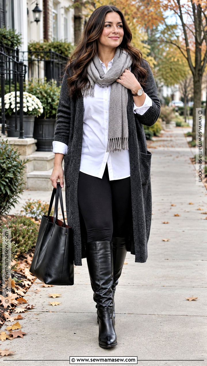 Long Cardigan With Leggings and Boots - 15 fall fashion cardigan inspiration ideas