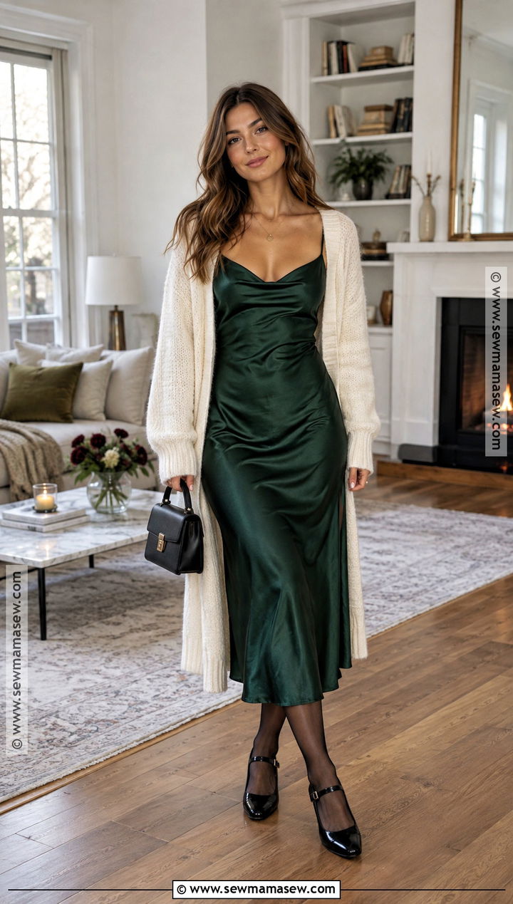 Long Cardigan With Slip Dress And Mary Janes - 15 fall house party outfit ideas