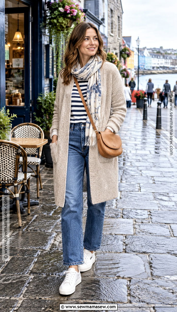 Long Cardigan With Striped Top And Jeans - 15 october ireland outfits
