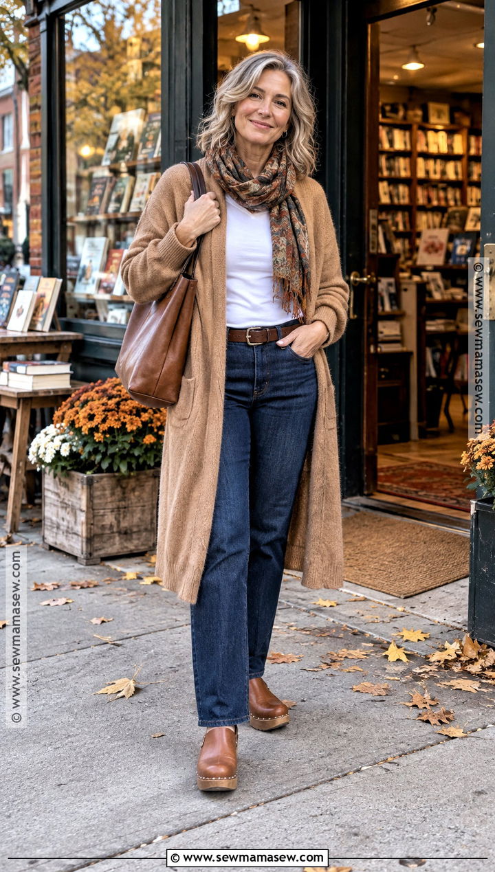 Long Cardigan With T Shirt And Dark Wash Jeans - 20 fall weekend getaway outfits