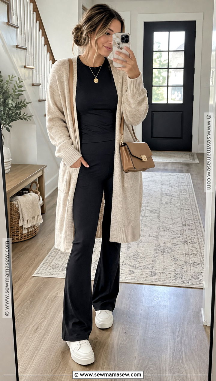 Long Cardigan With T Shirt And Flare Leggings - 15 mom back to school outfit ideas