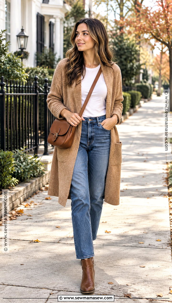 Long Cardigan With T Shirt And Jeans - 25 fall sweaters aesthetic