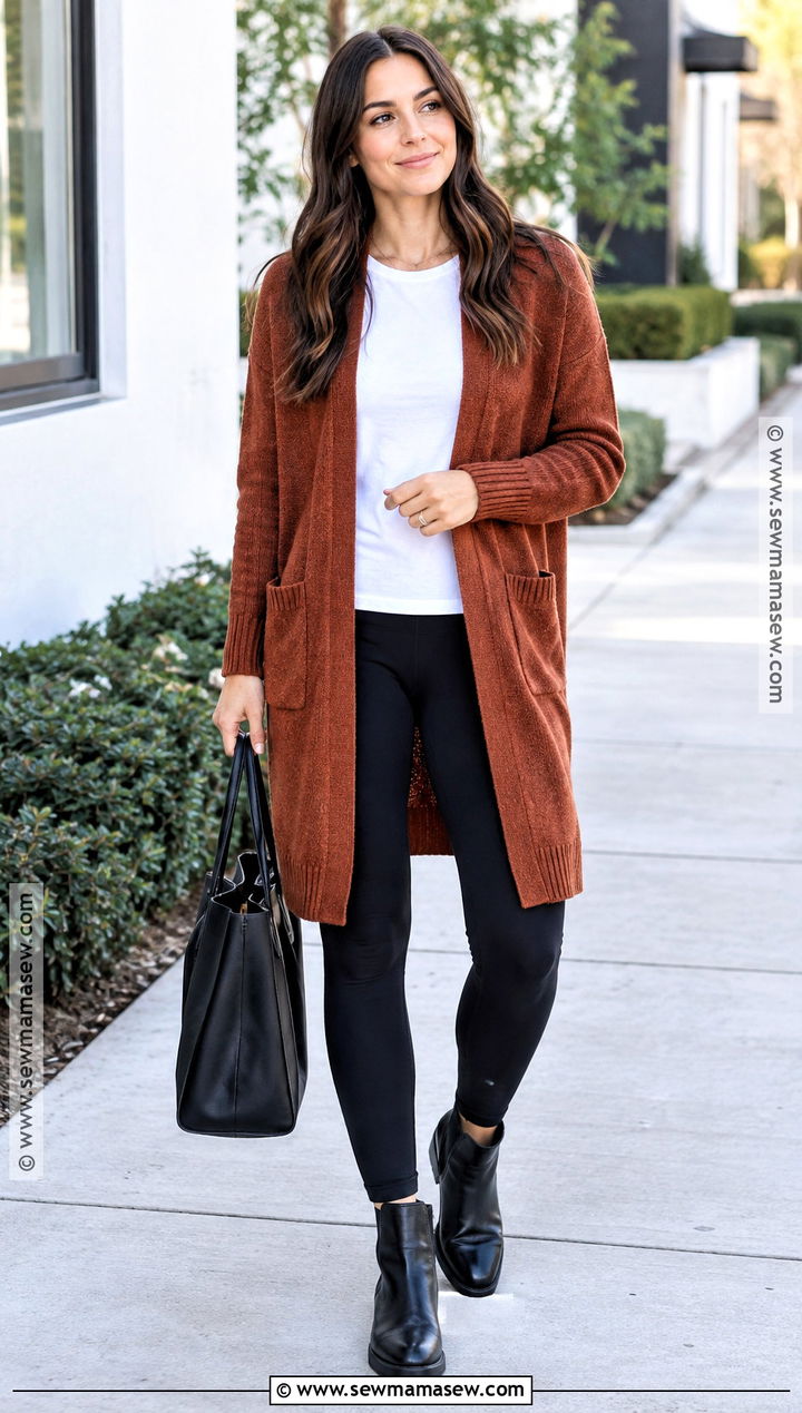 Long Cardigan With T Shirt And Leggings - 20 Fall Comfortable Outfits