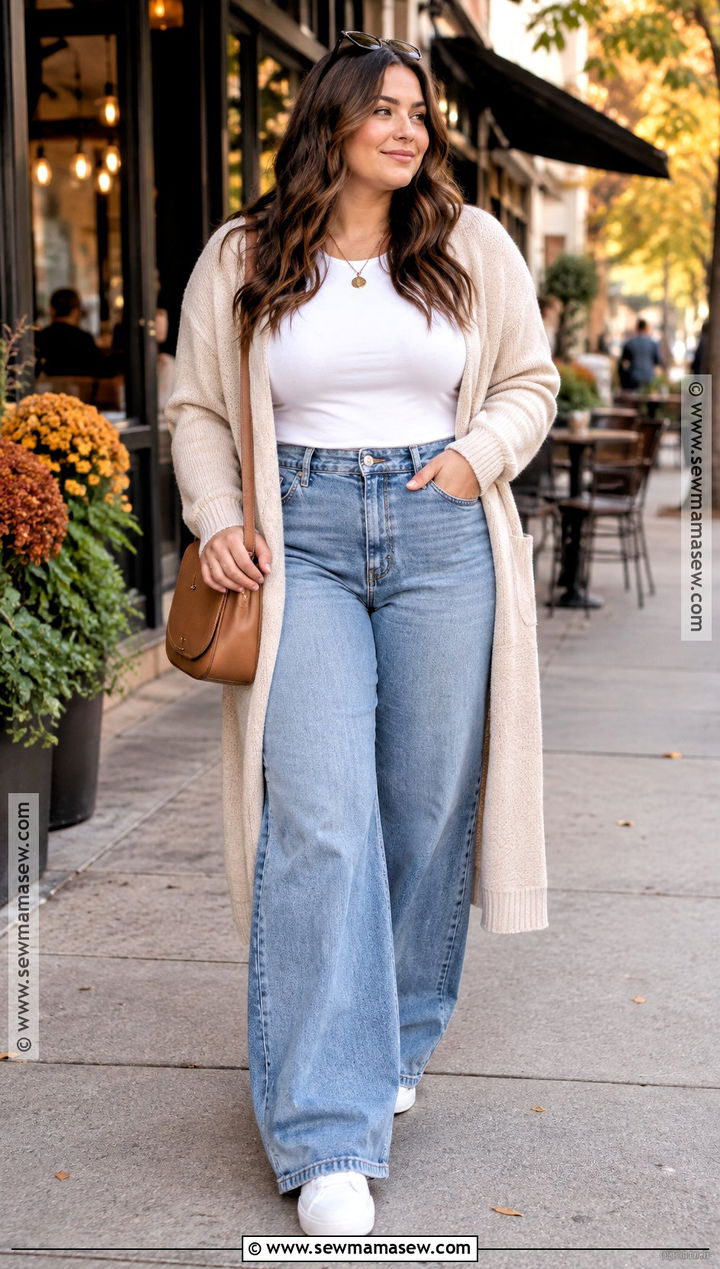 Long Cardigan With T Shirt and Wide Leg Jeans Fall Capsule Outfit - 25 fall winter capsule wardrobe ideas