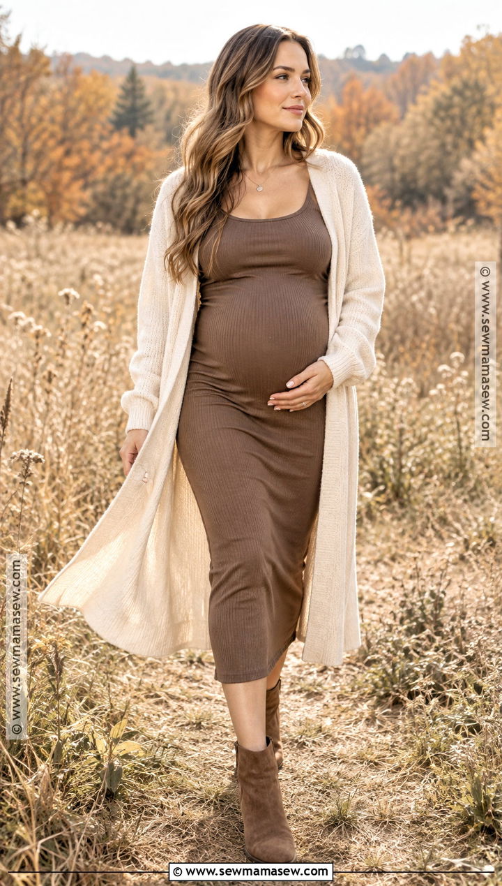 Long Cardigan With Tank And Midi Skirt - 15 casual maternity outfits photoshoot fall