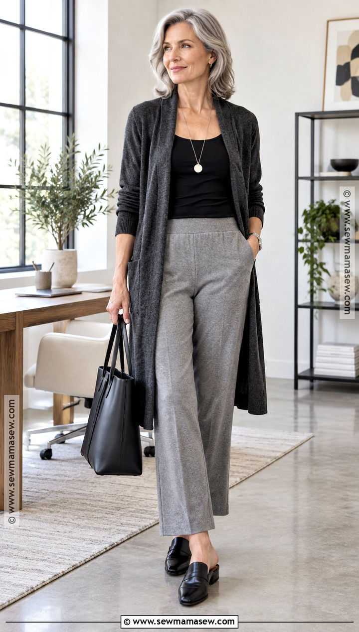 Long Cardigan With Tank Top And Pull On Pants - 25 comfortable fall outfits