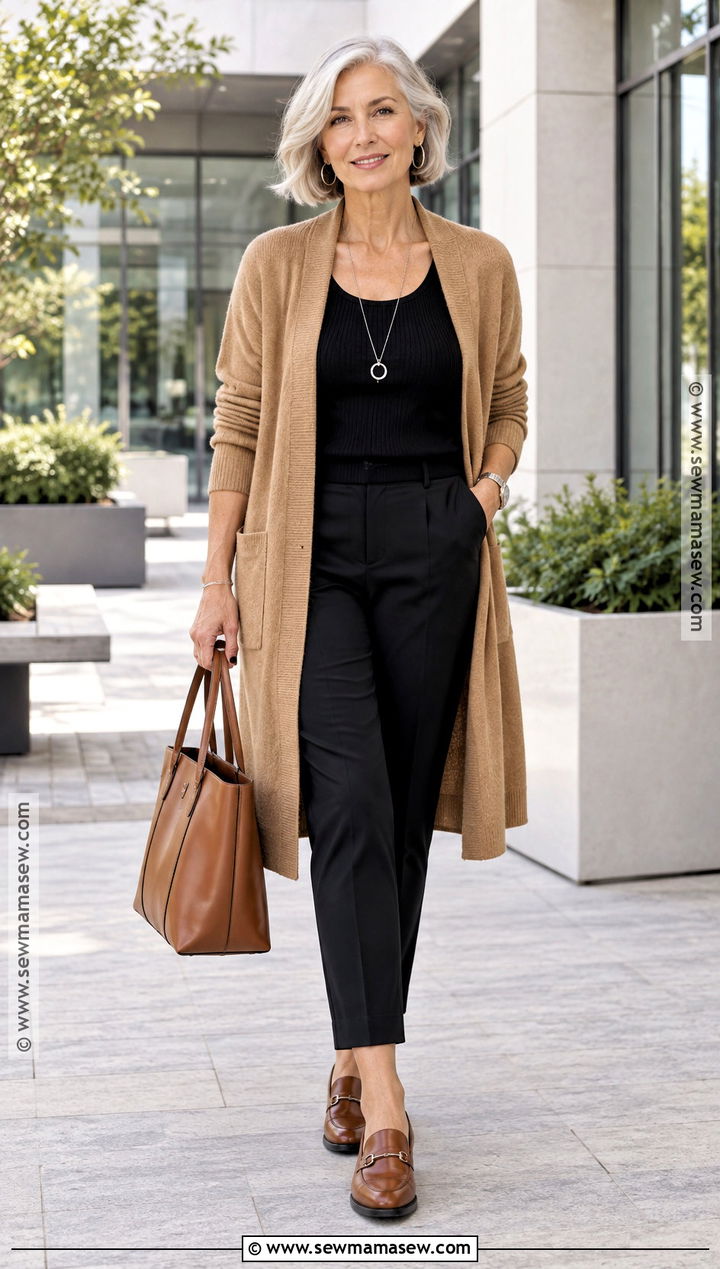 Long Cardigan With Tank Top And Trousers - 25 fall day outfit ideas