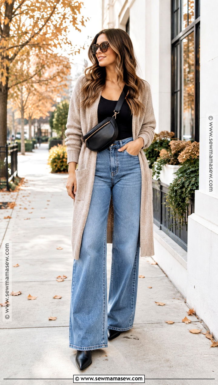 Long Cardigan With Tank Top And Wide Leg Jeans - 25 autumn layering outfit ideas