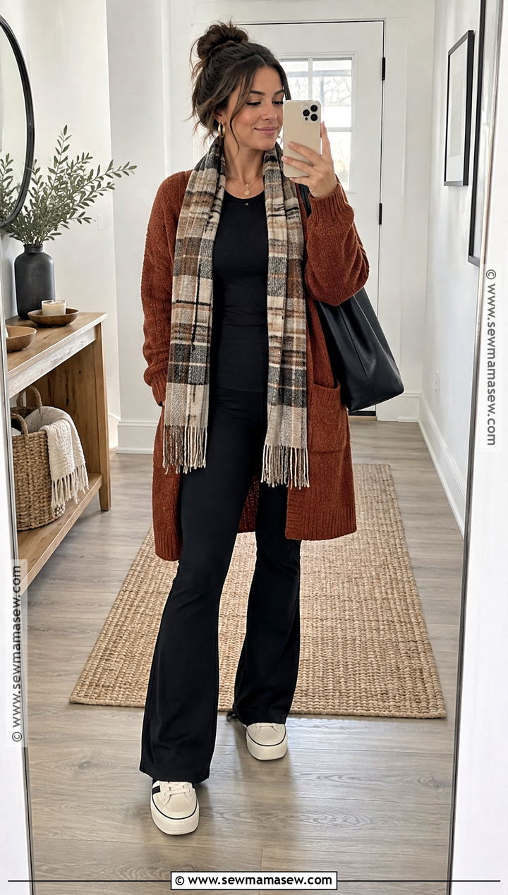 Long Cardigan With Thermal Top And Flared Leggings - 15 Warm November Outfits