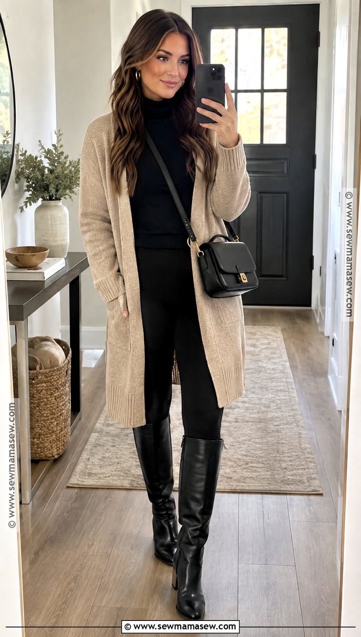 Long Cardigan With Turtleneck And Leggings - 15 knitwear for fall season ideas