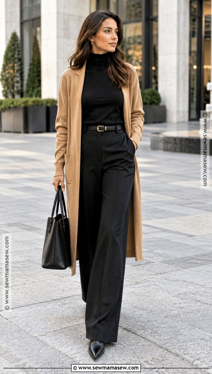 Long Cardigan With Turtleneck And Tailored Trousers - 25 cardigan outfit fall ideas