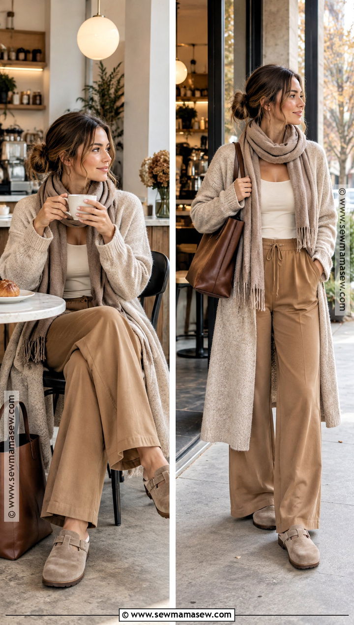 Long Cardigan With Wide Leg Pants And Clogs - 15 comfy sunday outfit fall ideas