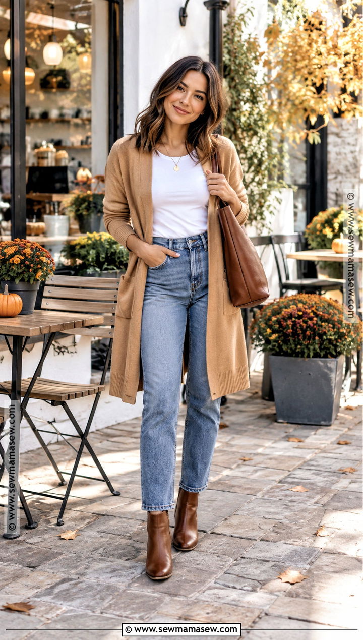 Long Cardigan With a T Shirt and Jeans - 25 Fall Outfits Sweaters