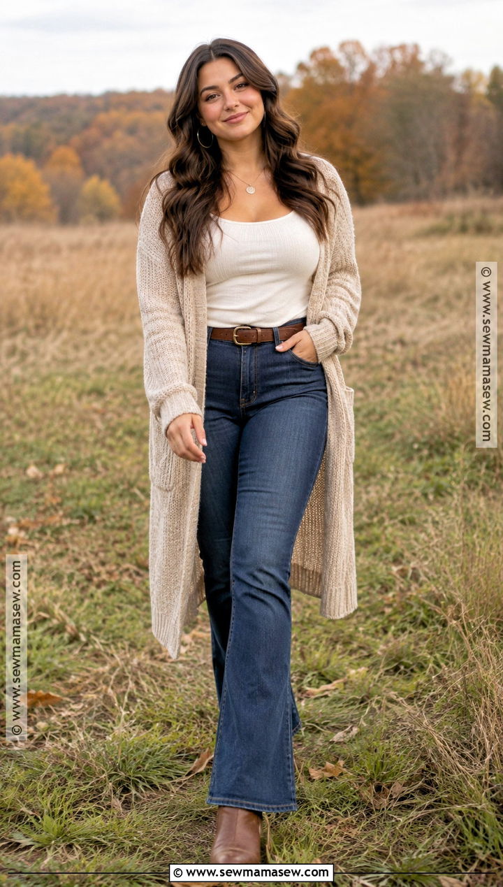 Long Cardigan and Bootcut Jeans Senior Picture Outfit - 20 Fall Senior Picture Outfits