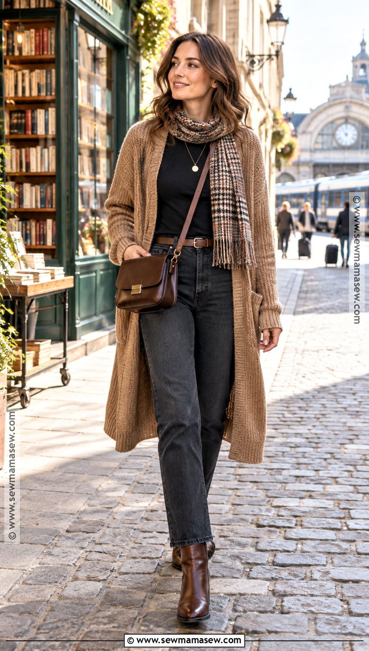 Long Cardigan and Dark Jeans Fall Europe Outfit - 20 Fall Europe Trip Outfits