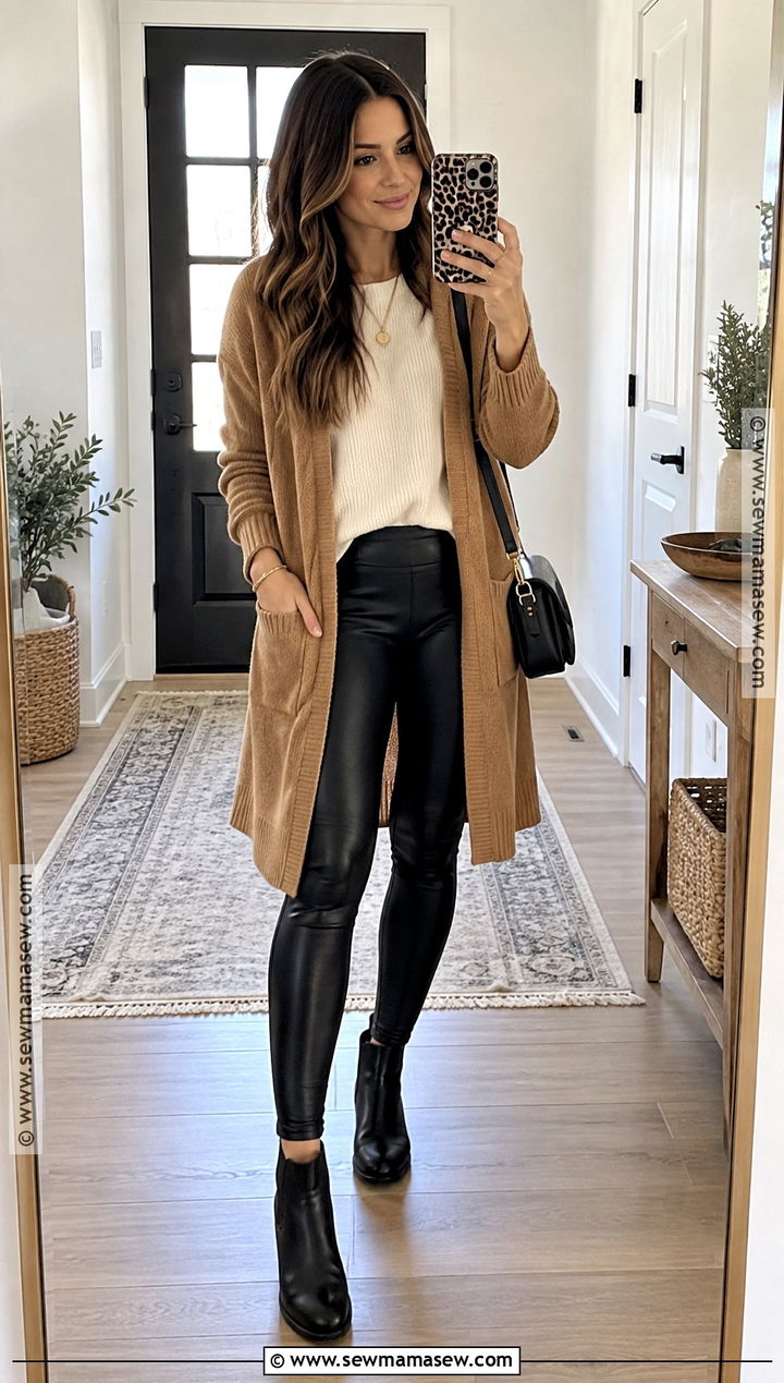 Long Cardigan and Faux Leather Leggings Thanksgiving Outfit - 20 thanksgiving outfit with pants