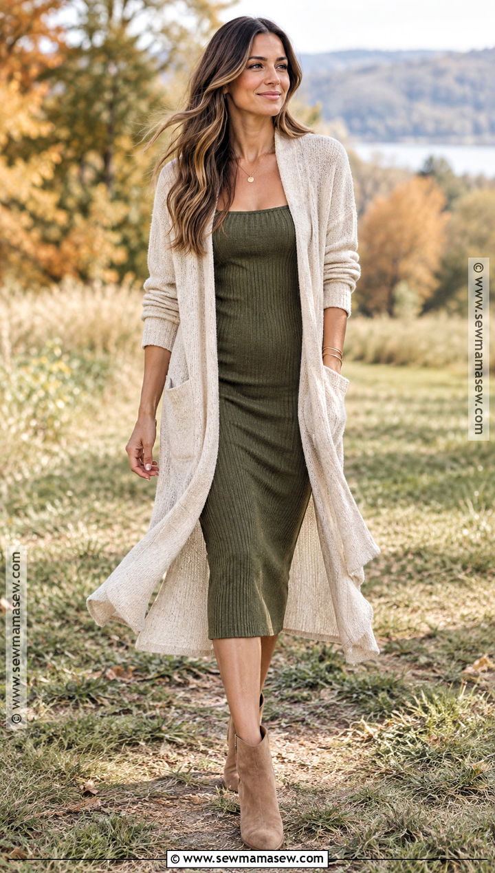 Long Cardigan and Midi Dress Fall Photoshoot Outfit - 25 Fall Photoshoot Outfits