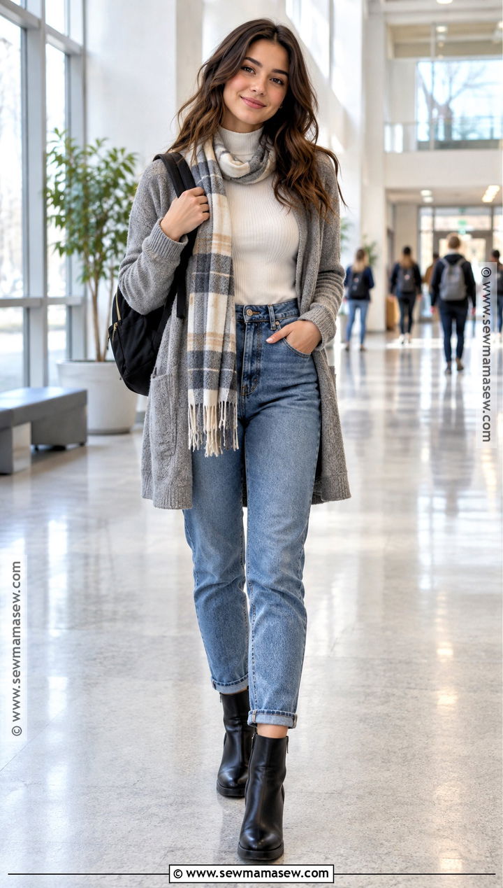 Long Cardigan and Mom Jeans Winter School Outfit - 20 winter back to school outfits