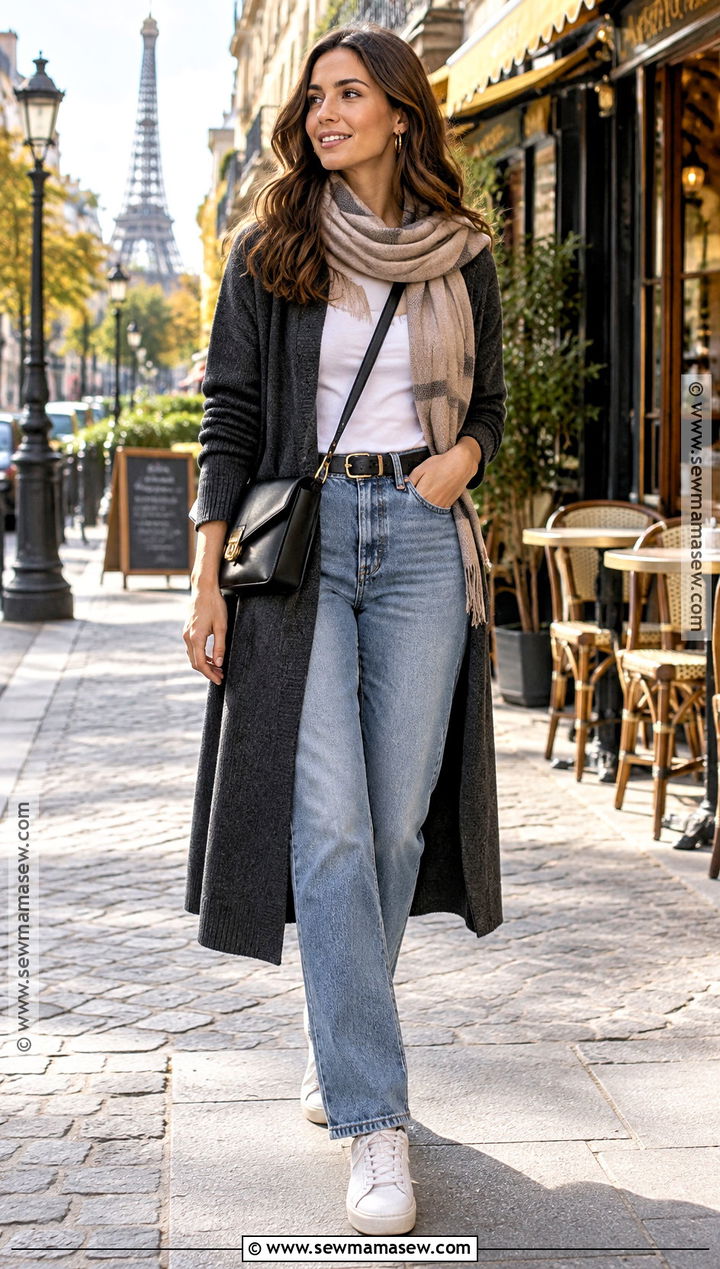 Long Cardigan and Relaxed Jeans Paris Outfit - 20 outfits for paris in october