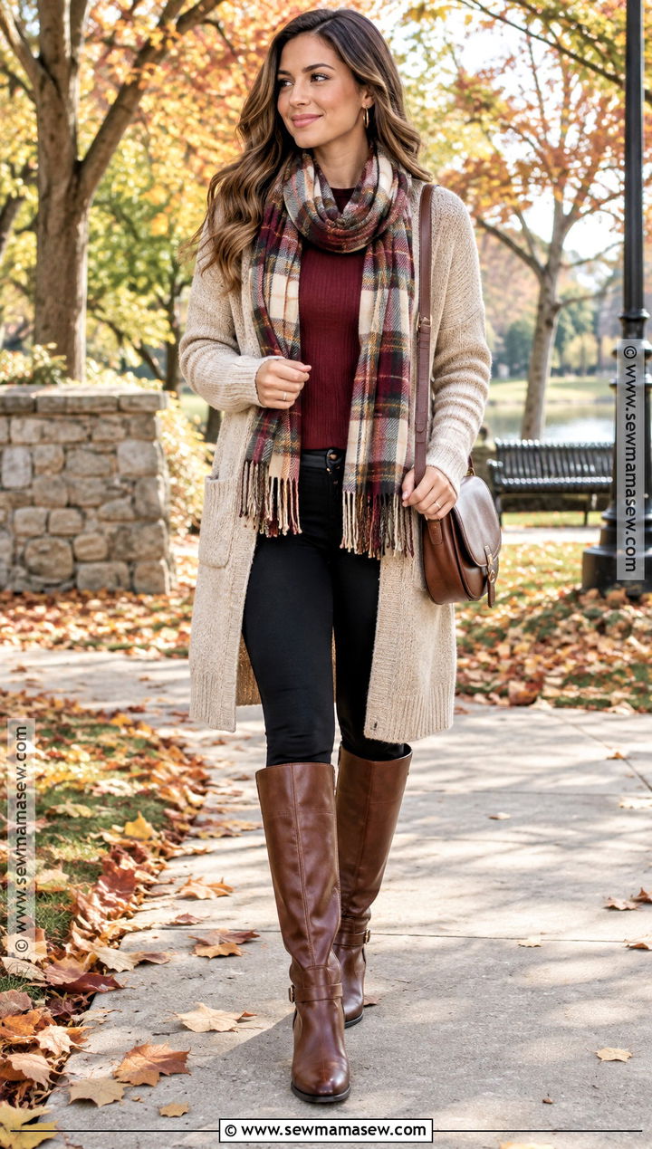 Long Cardigan and Riding Boots Fall Outfit - 25 cute warm fall outfits