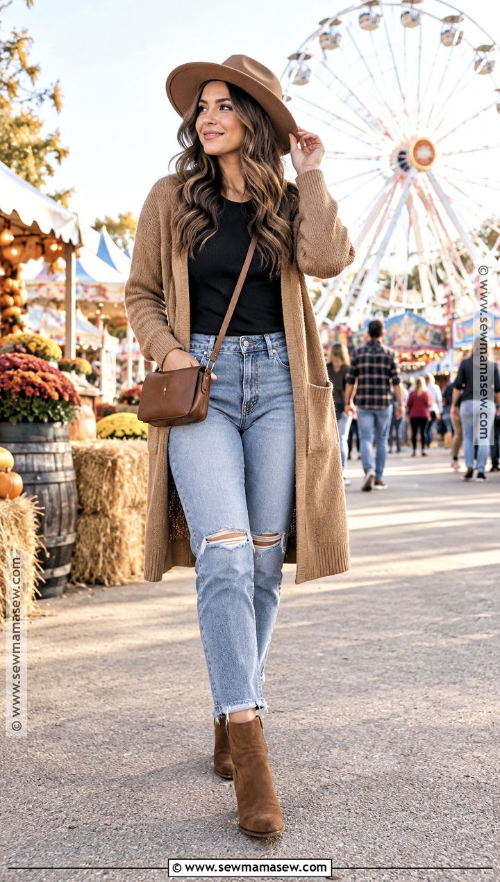 Long Cardigan and Ripped Jeans Fall Fair Outfit - 25 fall fair outfit ideas