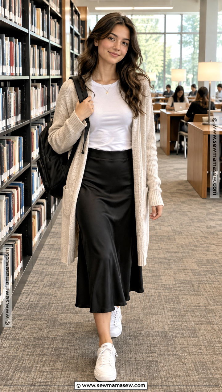 Long Cardigan and Slip Skirt Back to School Outfit - 15 back to school outfits casual