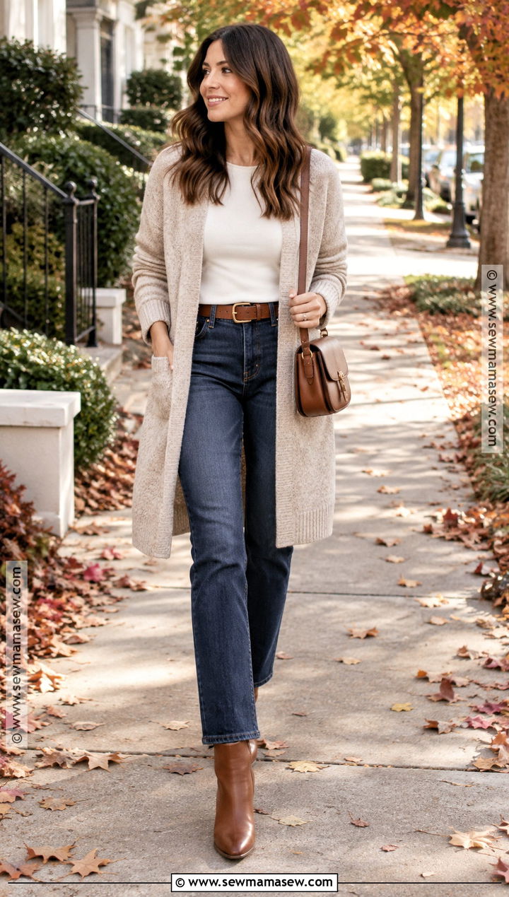 Long Cardigan and Straight Leg Jeans Fall Outfit - 15 Fall Conservative Outfits