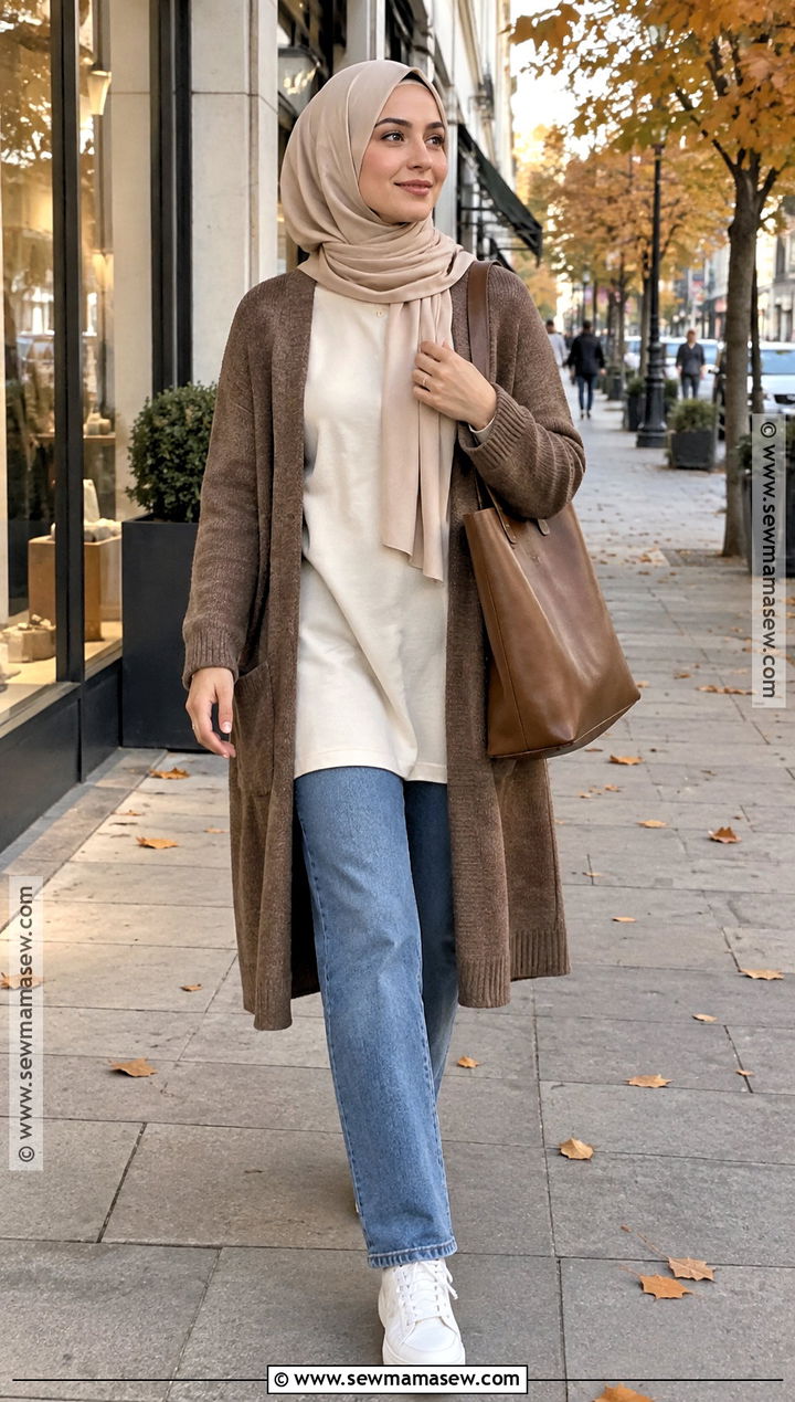 Long Cardigan and Straight Leg Jeans Hijab Outfit - 25 fall hijab outfits