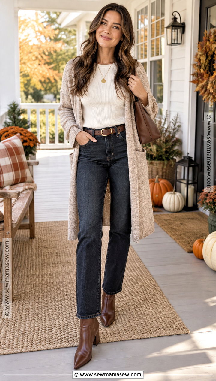 Long Cardigan and Straight Leg Jeans Outfit - 25 chic thanksgiving outfit ideas
