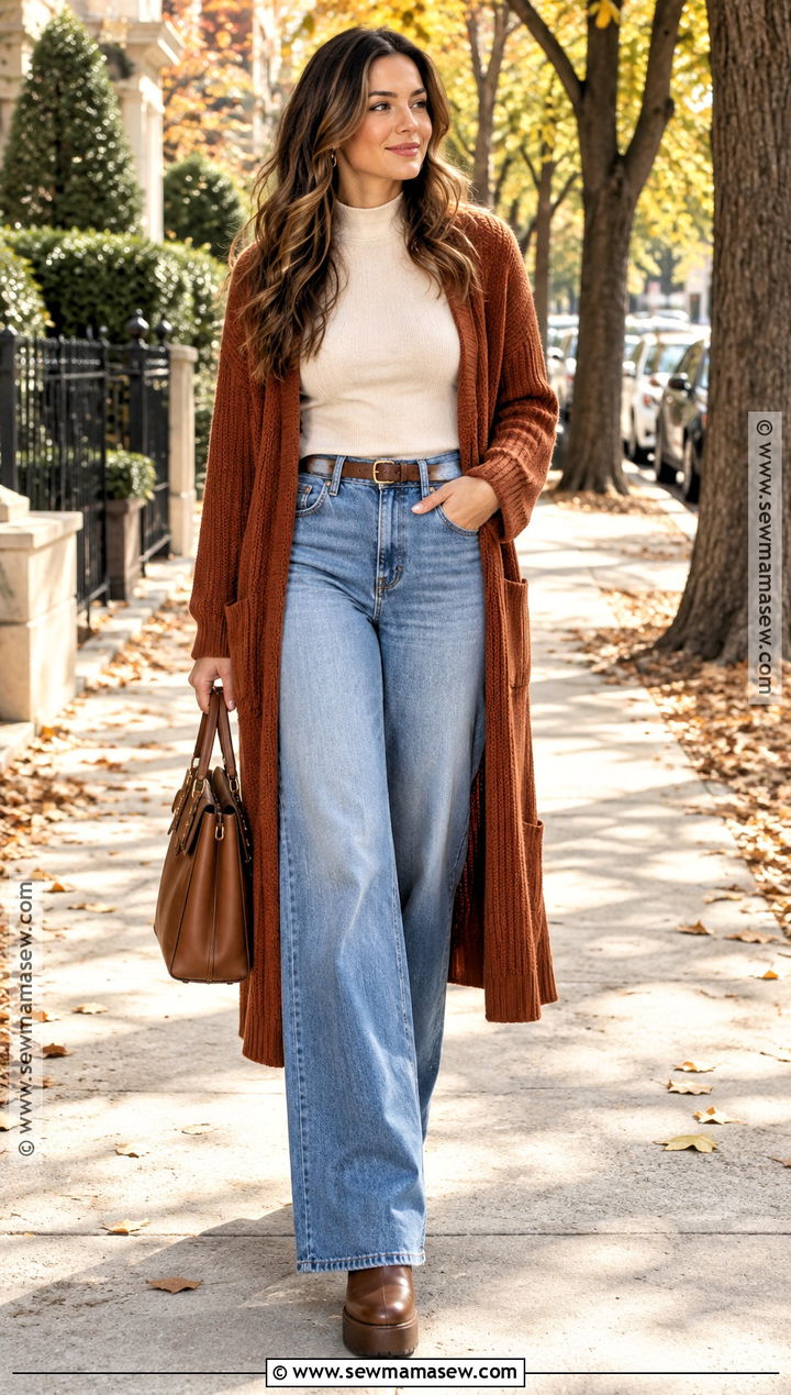 Long Cardigan and Wide Leg Jeans Autumn Outfit - 25 Autumn Aesthetic Cozy Outfit Ideas