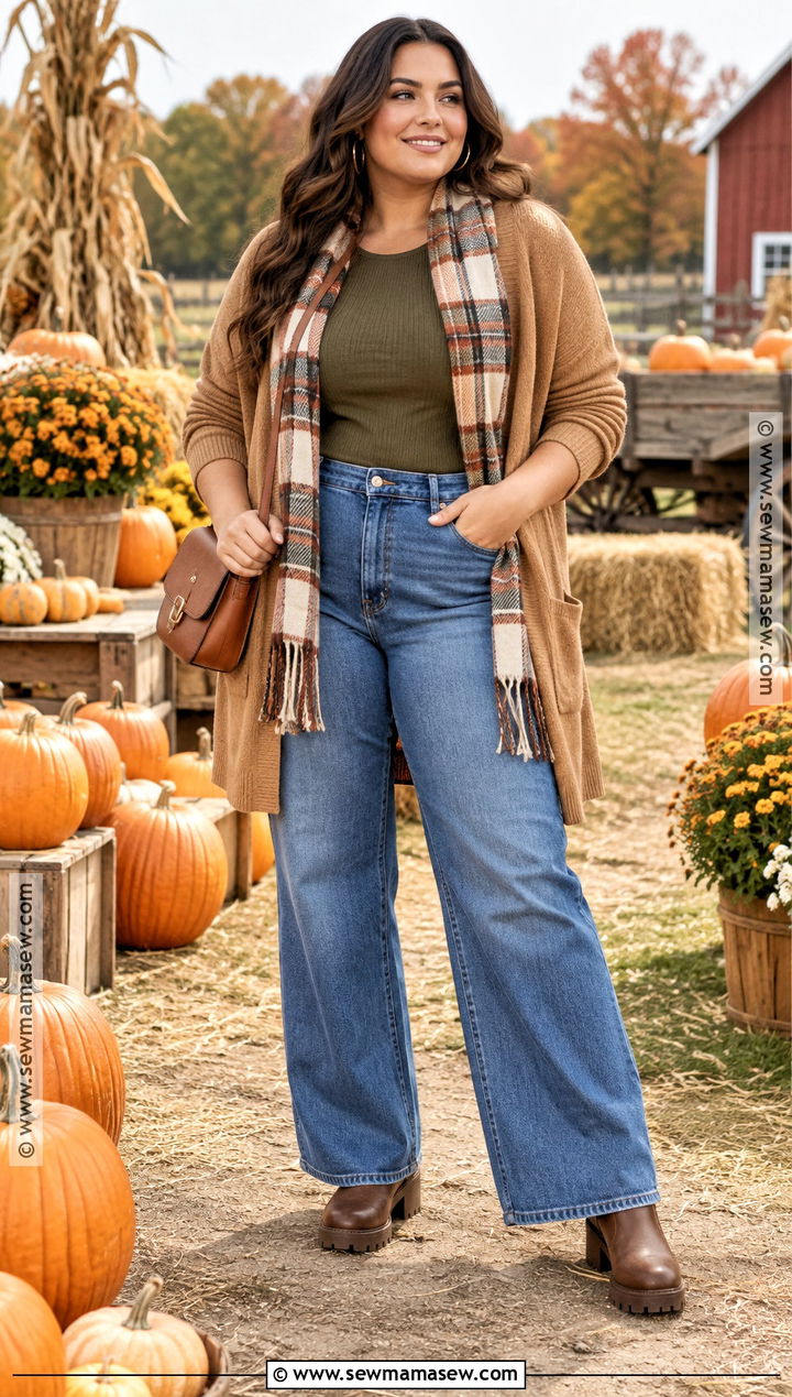 Long Cardigan and Wide Leg Jeans Pumpkin Patch Outfit - 15 pumpkin patch style ideas
