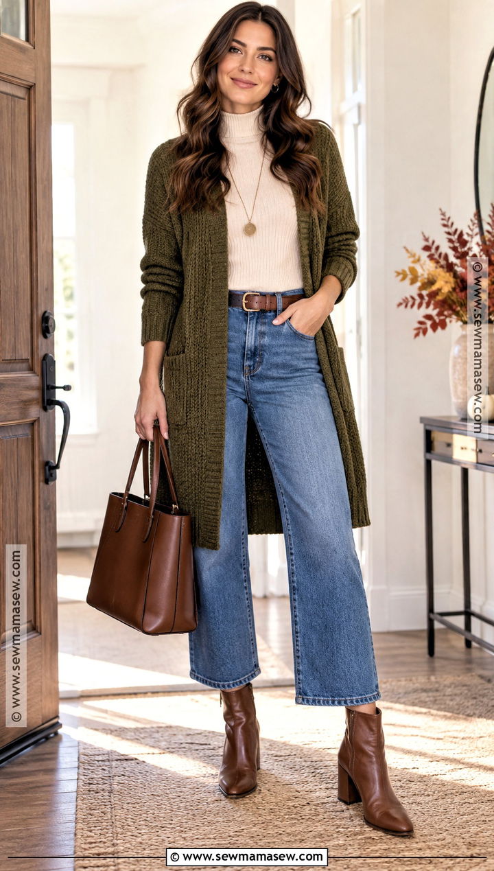 Long Cardigan and Wide Leg Jeans Thanksgiving Outfit - 25 thanksgiving day outfits for women