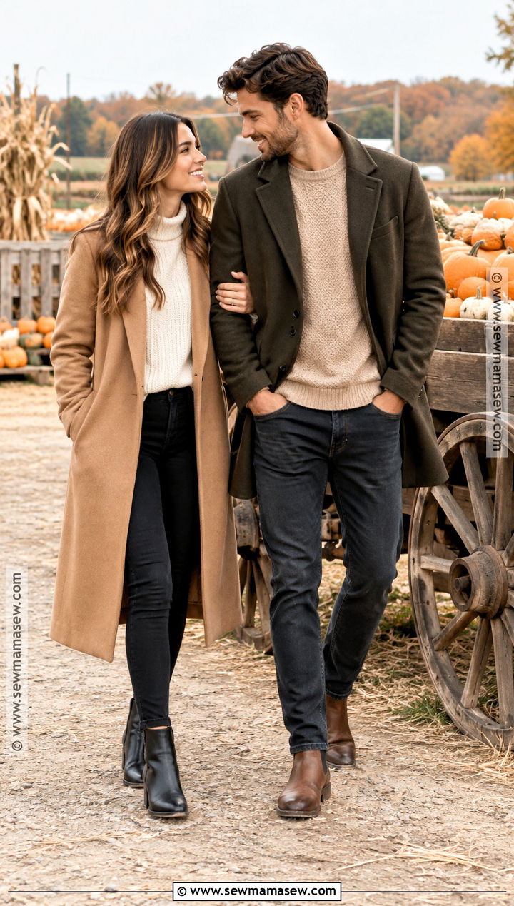 Long Coat And Ankle Boots Couple Outfit - 25 pumpkin patch outfit ideas for couples