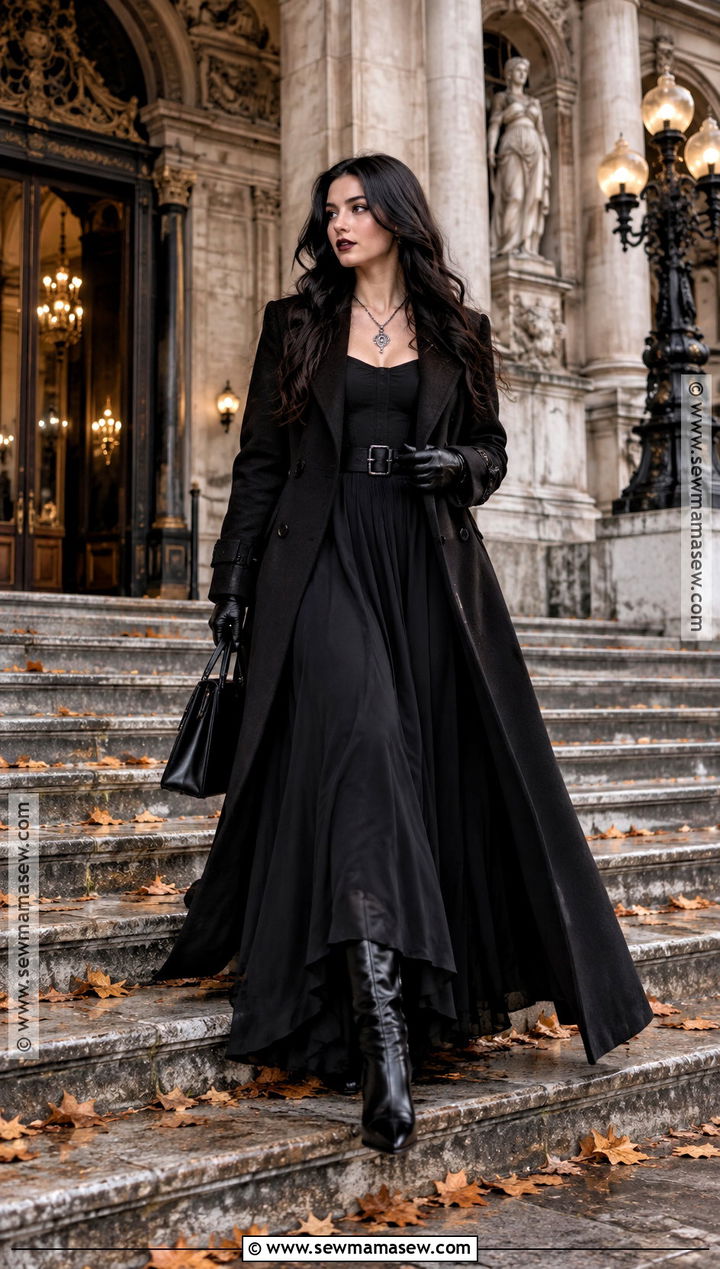 Long Coat And Black Maxi Dress Autumn Goth Outfit - 20 autumn goth outfits