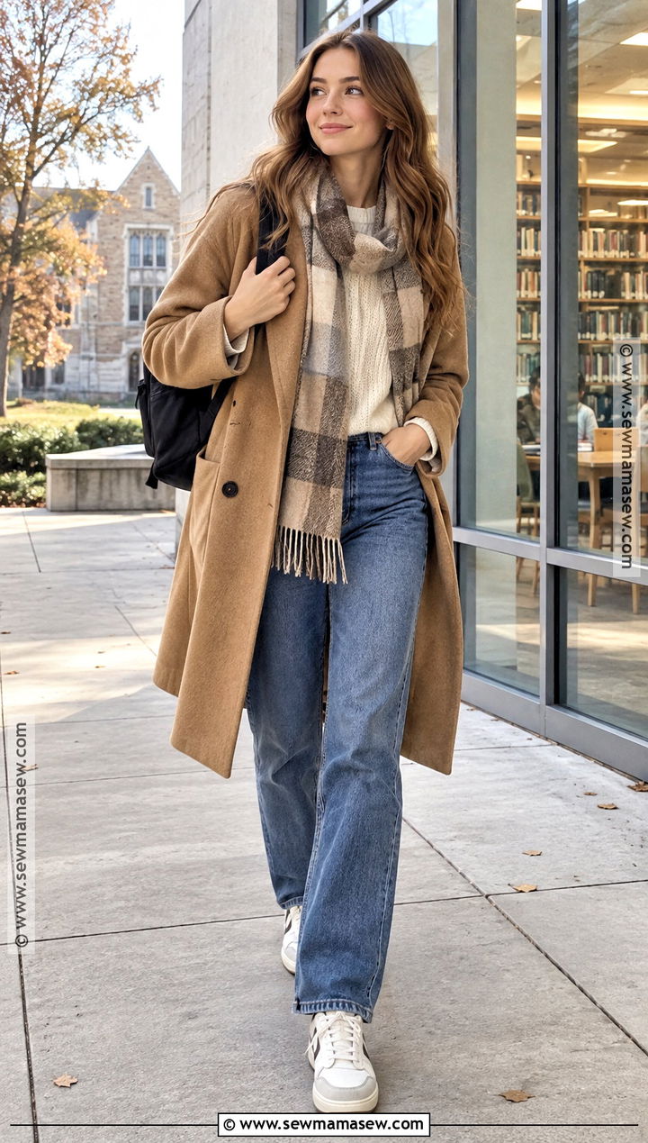Long Coat And Crewneck Sweater School Outfit - 25 cute fall outfits for school