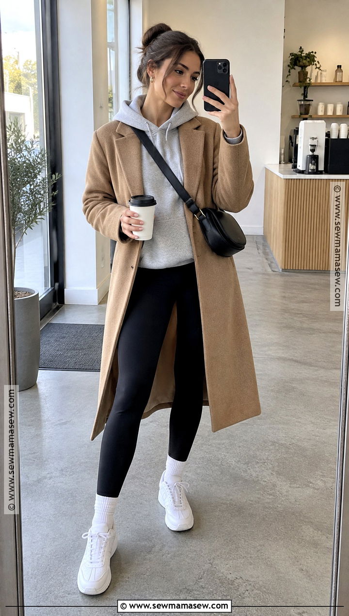 Long Coat Hoodie Leggings and Sneakers Fall Coffee Date Outfit - 15 cute coffee date outfits fall