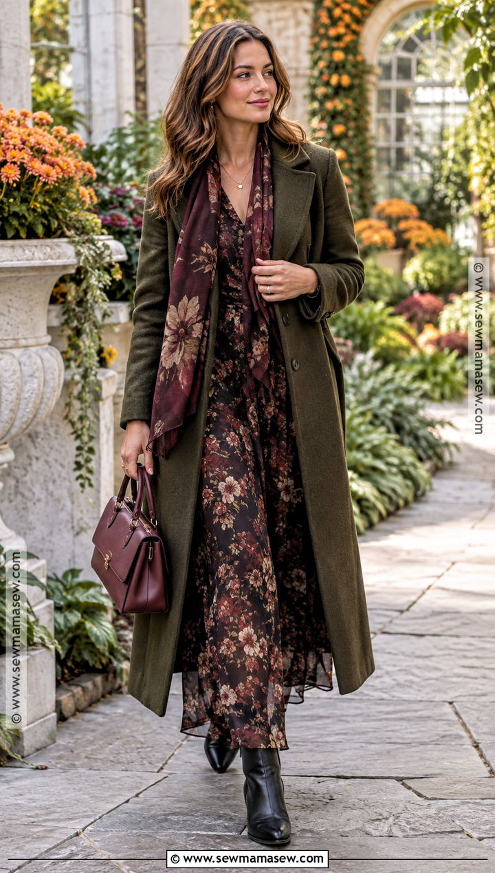 Long Coat With Floral Maxi Dress - 20 long coat fall outfit ideas