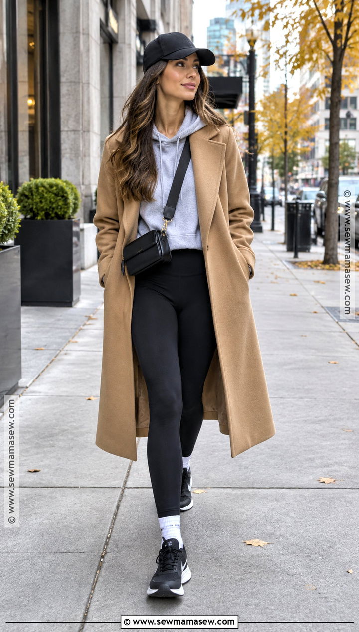 Long Coat With Hoodie Leggings And Sneakers - 15 cute sporty outfits fall
