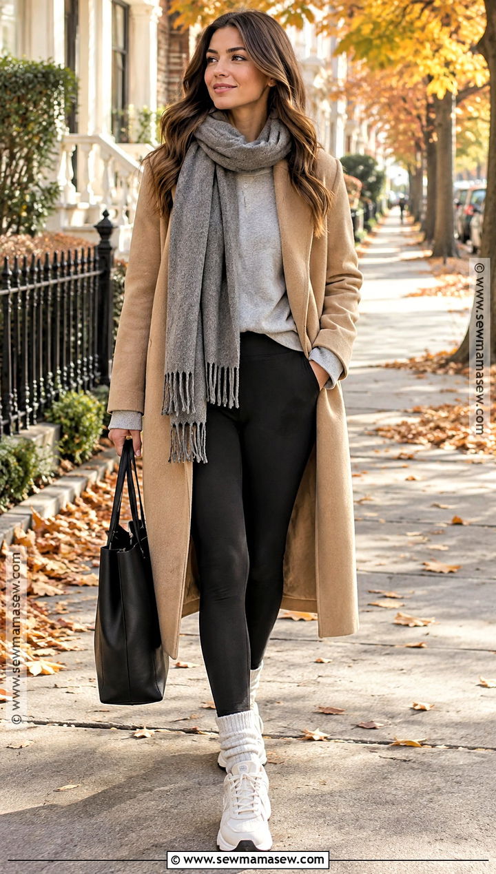 Long Coat With Leggings And Cozy Sneakers - 15 comfy fall outfits lazy days leggings