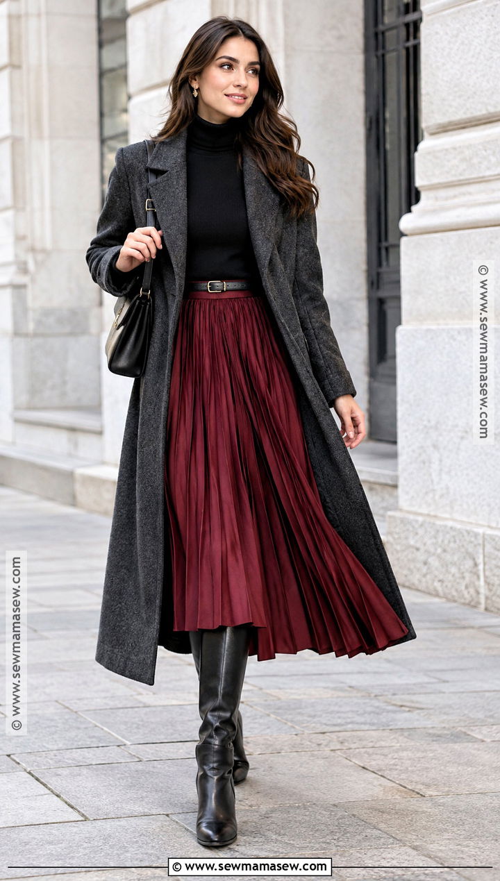 Long Coat With Midi Skirt and Knee High Boots - 15 fall outfit long coat ideas
