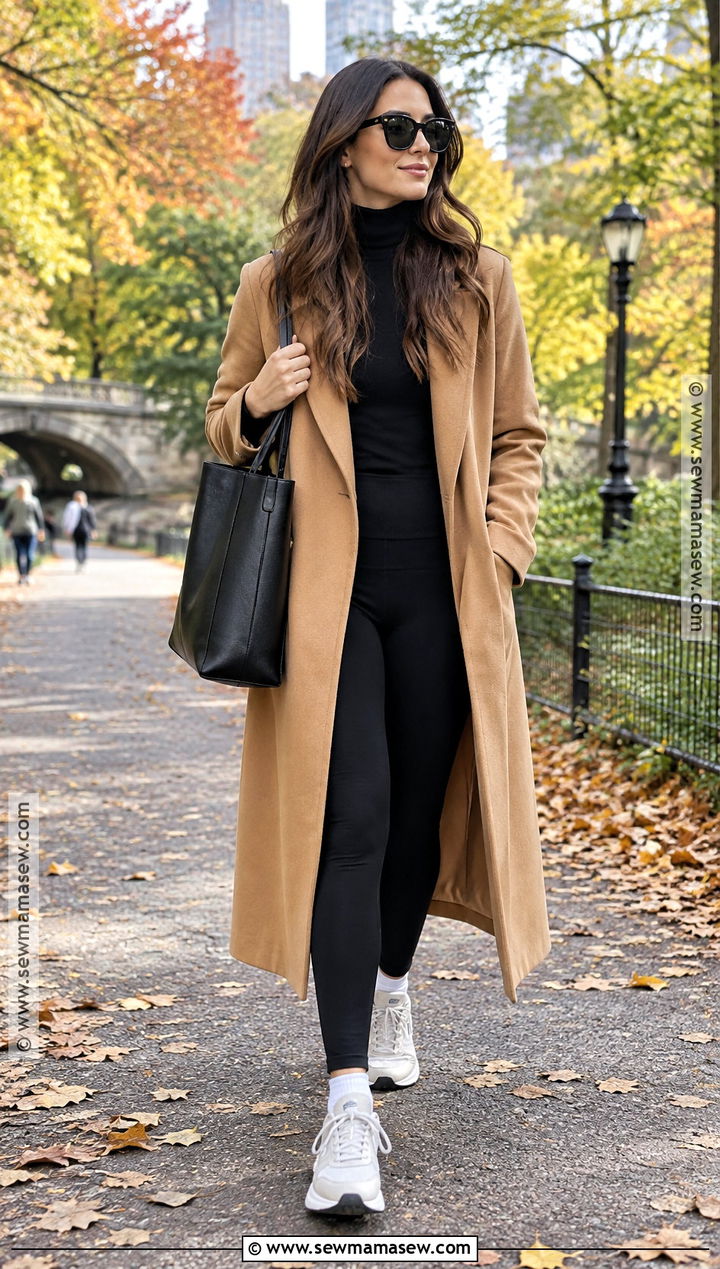 Long Coat With Sweater Leggings And Sneakers - 15 Weekend In New York City Outfits Fall