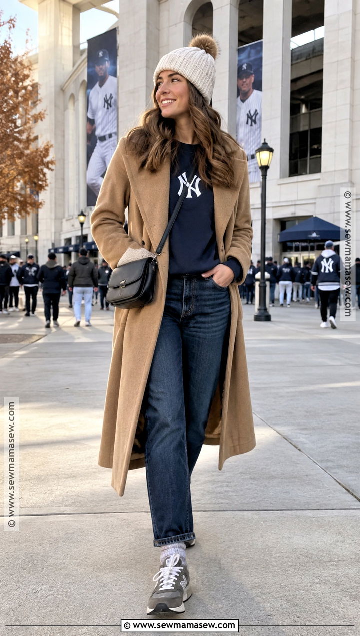 Long Coat With Team Sweatshirt And Jeans - 20 baseball game outfit fall ideas