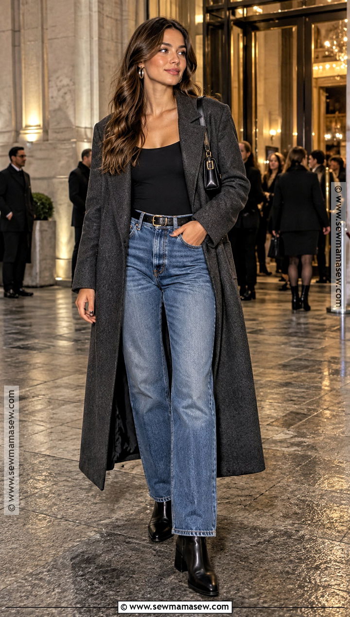Long Coat and Bodysuit With Jeans Fall Concert Outfit - 20 concert outfit ideas fall