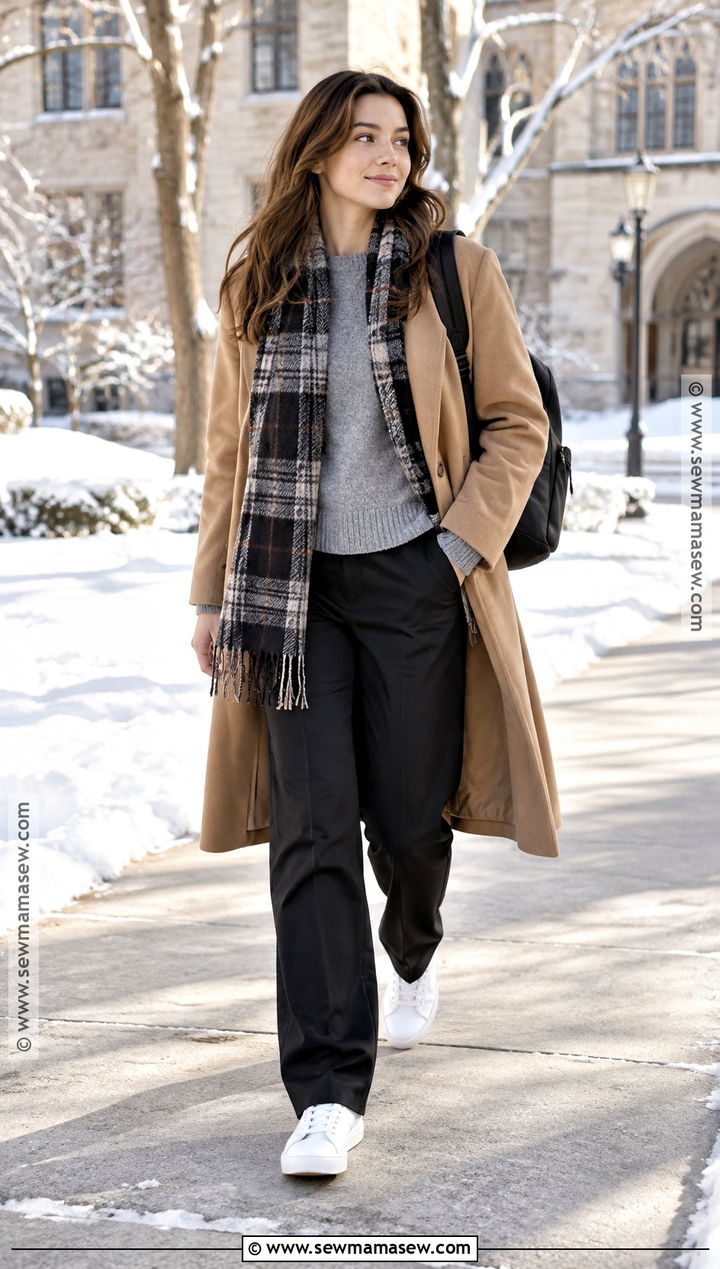 Long Coat and Crewneck Sweater School Outfit - 15 fall winter outfits school