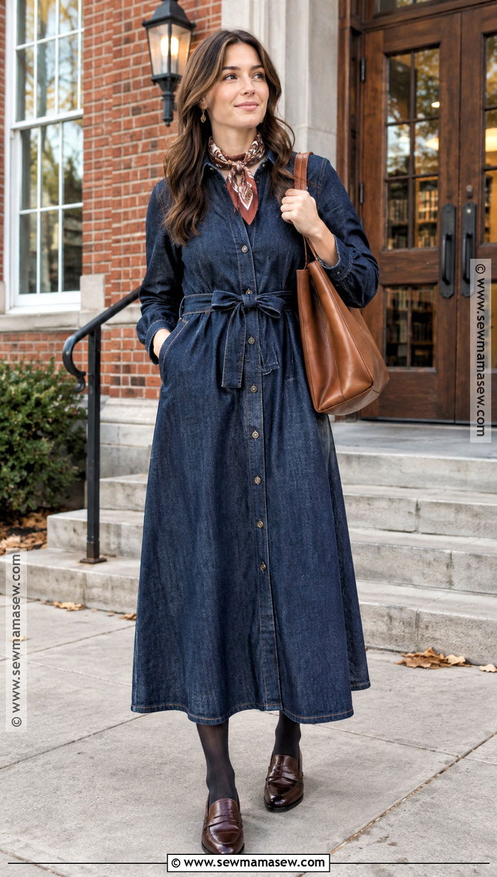 Long Denim Dress And Loafers Fall Outfit - 20 modest fall fashion ideas