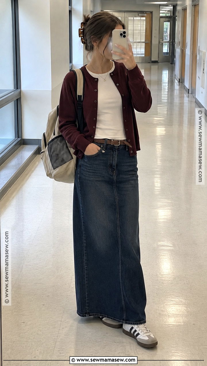 Long Denim Skirt And Cardigan Outfit - 15 back to school outfits with skirt