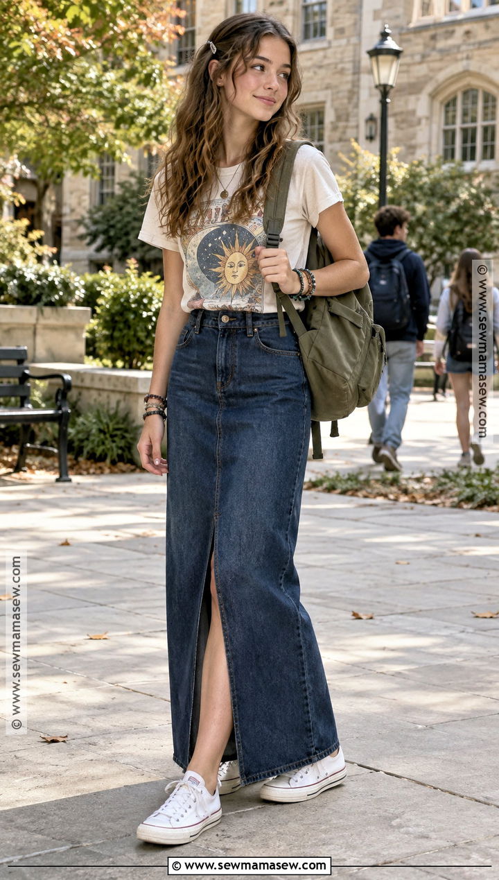 Long Denim Skirt And Graphic Tee School Outfit - 20 cute back to school outfits highschool
