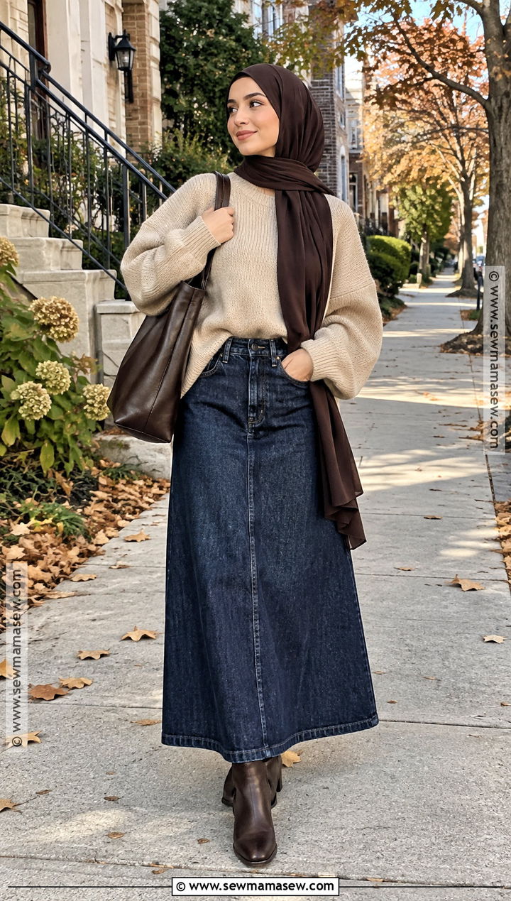 Long Denim Skirt And Knit Sweater Fall Hijab Outfit - 20 fall outfit hijab ideas